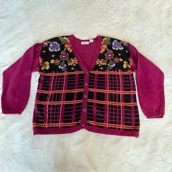 Vintage That's Me! Embroidery Flowers Sweater Cardigan L - Picture 5 of 16